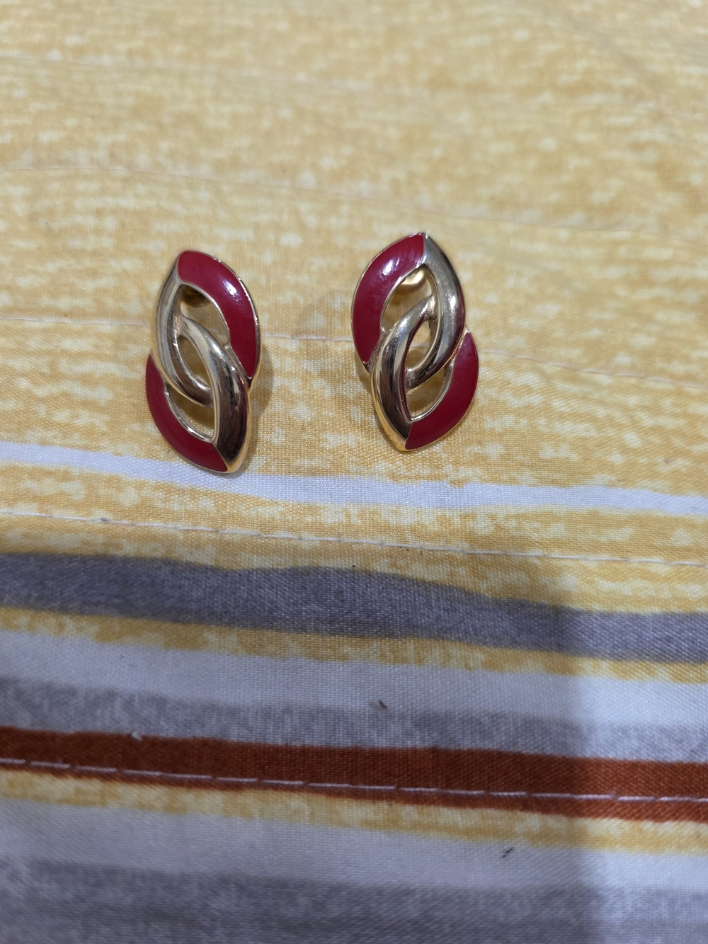 Trifari Gold-Tone Red Enamel Interlocking Link Earrings